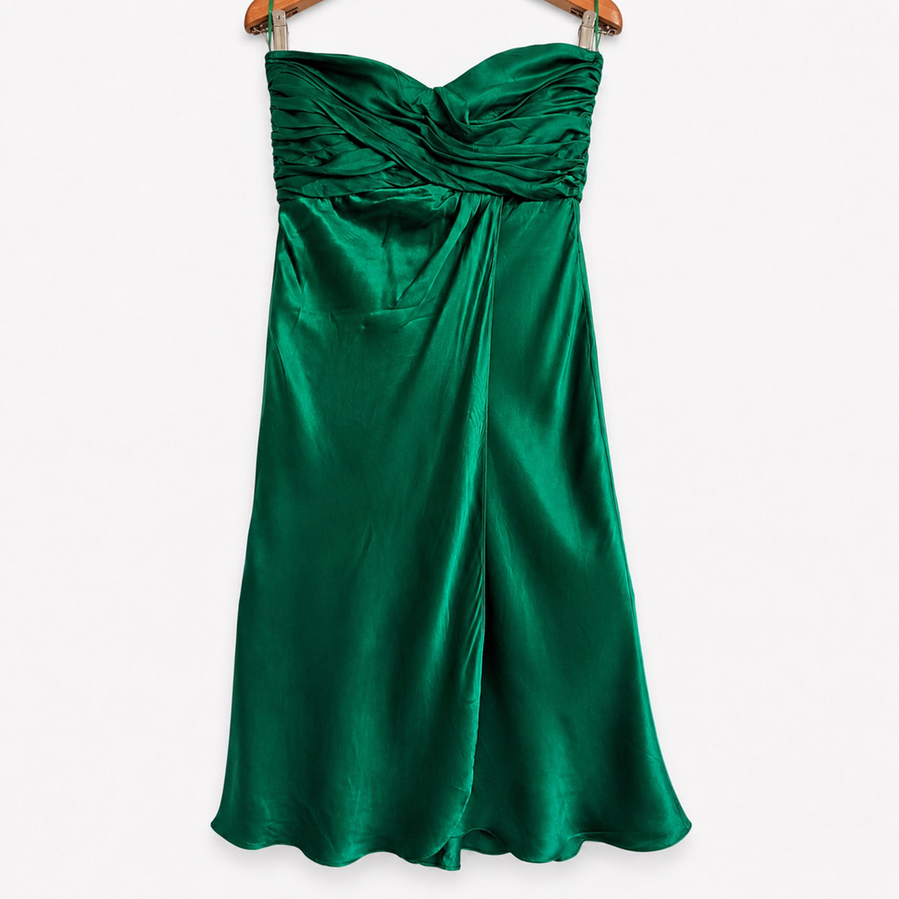 Vintage Y2K Banana Republic Emerald Green Silk Strapless Ruched Midi Dress 0